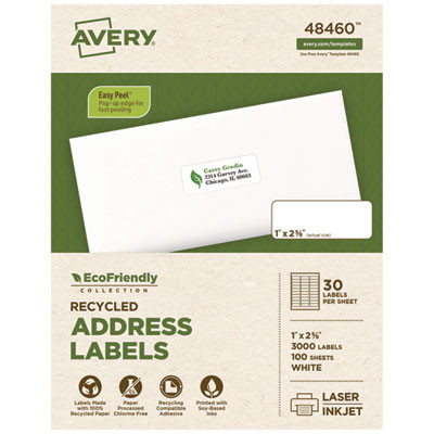 Ecofriendly Mailing Labels, Inkjet/Laser Printers, 1 X 2.63, White, 30/Sheet, 100 Sheets/Pack
