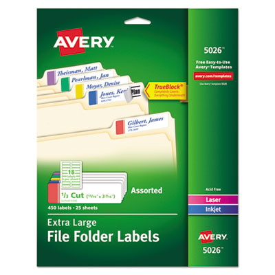 Extra-Large Trueblock File Folder Labels With Sure Feed Technology, 0.94" x 3.44", White, 18/Sheet, 25 Sheets/Pack