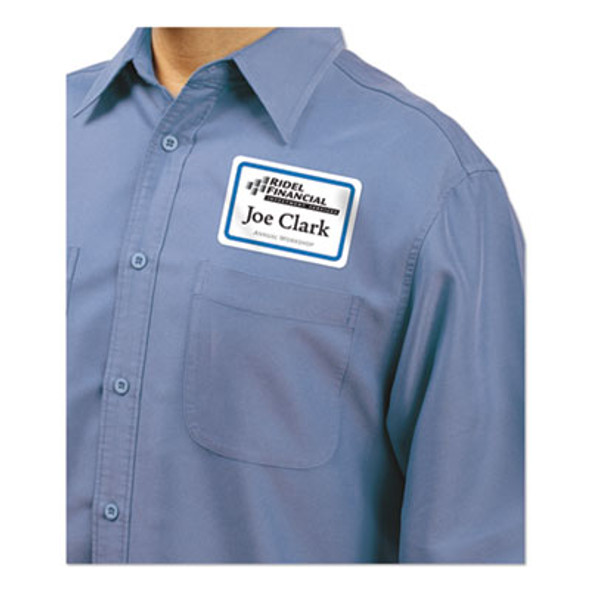 Flexible Adhesive Name Badge Labels, 3.38 X 2.33, White/Blue Border, 40/Pack