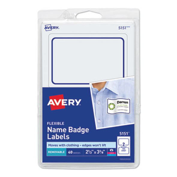 Flexible Adhesive Name Badge Labels, 3.38 X 2.33, White/Blue Border, 40/Pack