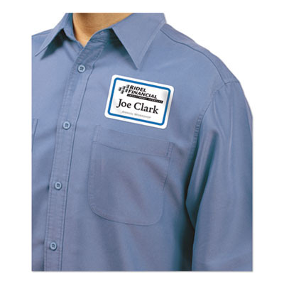Flexible Adhesive Name Badge Labels, 3.38 X 2.33, White/Blue Border, 40/Pack