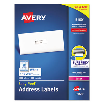 Easy Peel White Address Labels w/Sure Feed Technology, Laser Printers, 1 x 2.63, White, 30/Sheet, 100 Sheets/Box