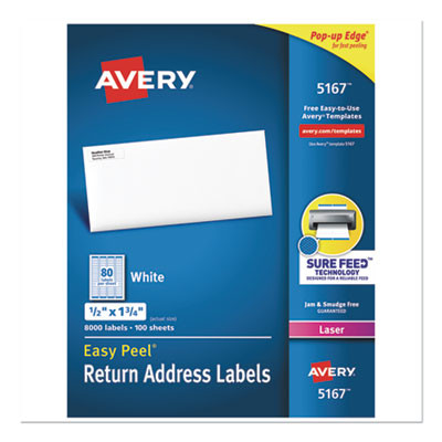 Easy Peel White Address Labels W/ Sure Feed Technology, Laser Printers, 0.5 X 1.75, White, 80/Sheet, 100 Sheets/Box