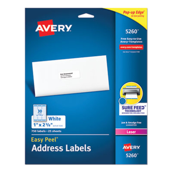 Easy Peel White Address Labels W/ Sure Feed Technology, Laser Printers, 1 X 2.63, White, 30/Sheet, 25 Sheets/Pack