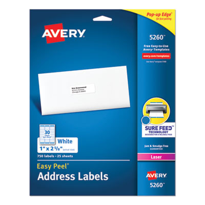 Easy Peel White Address Labels W/ Sure Feed Technology, Laser Printers, 1 X 2.63, White, 30/Sheet, 25 Sheets/Pack