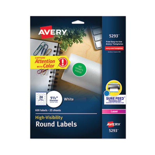 Permanent Laser Print-To-The-Edge Id Labels w/Surefeed, 1.66" Dia, White, 600/Pk