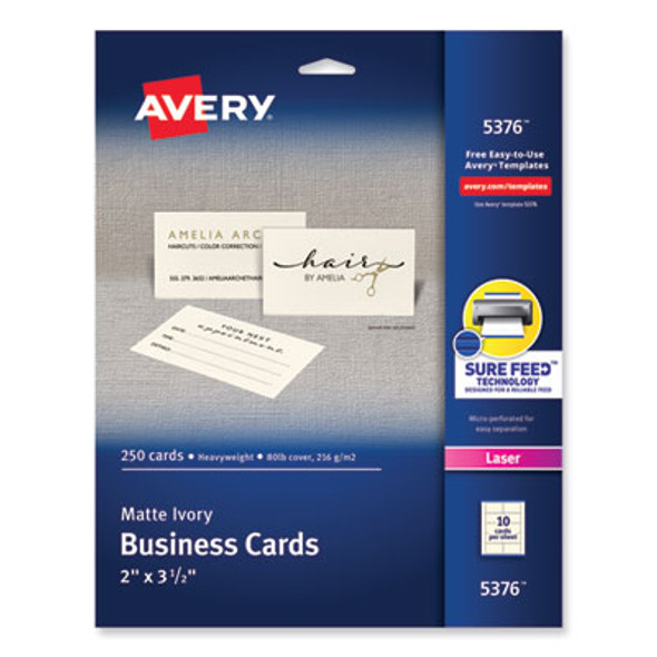 Printable Microperforated Business Cards With Sure Feed Technology, Laser, 2 x 3.5, Ivory, 10/Sheet, 25 Sheets/Pack