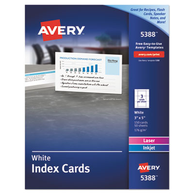 Printable Index Cards With Sure Feed, Unruled, Inkjet/Laser, 3 X 5, White, 150 Cards, 3 Cards/Sheet, 50 Sheets/Box