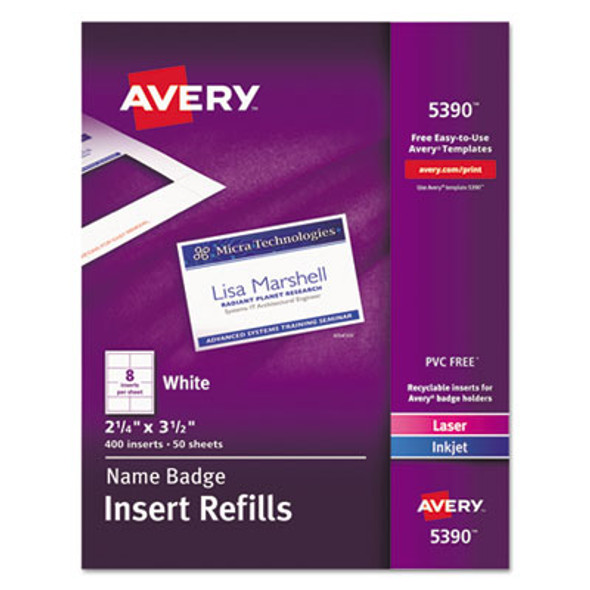 Name Badge Insert Refills, Horizontal/Vertical, 2 1/4 X 3 1/2, White, 400/Box