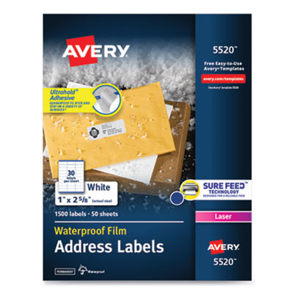 Waterproof Address Labels With Trueblock And Sure Feed, Laser Printers, 1 X 2.63, White, 30/Sheet, 50 Sheets/Pack