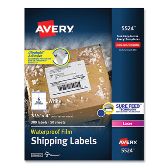Waterproof Shipping Labels With Trueblock And Sure Feed, Laser Printers, 3.33 X 4, White, 6/Sheet, 50 Sheets/Pack