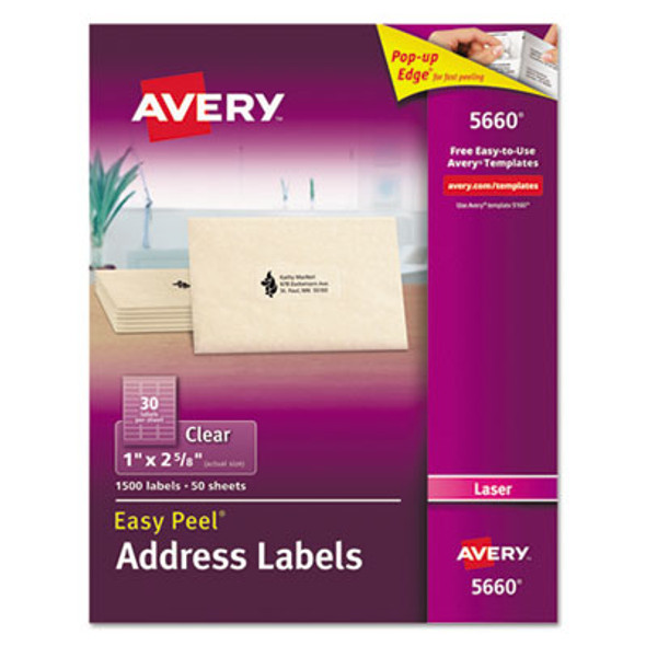 Matte Clear Easy Peel Mailing Labels W/ Sure Feed Technology, Laser Printers, 1 X 2.63, Clear, 30/Sheet, 50 Sheets/Box