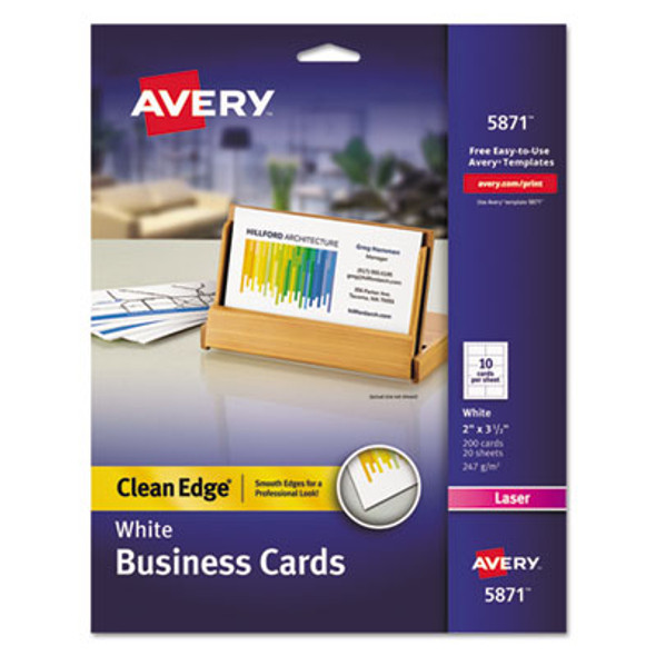 Clean Edge Business Cards, Laser, 2 x 3.5, White, 10 Cards/Sheet, 20 Sheets/Pack