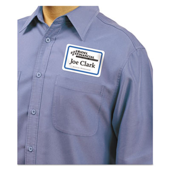 Flexible Adhesive Name Badge Labels, 3.38 X 2.33, White/Blue Border, 400/Box