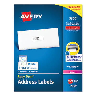 Easy Peel White Address Labels W/ Sure Feed Technology, Laser Printers, 1 X 2.63, White, 30/Sheet, 250 Sheets/Pack