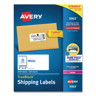 Shipping Labels W/ Trueblock Technology, Laser Printers, 2 X 4, White, 10/Sheet, 250 Sheets/Box