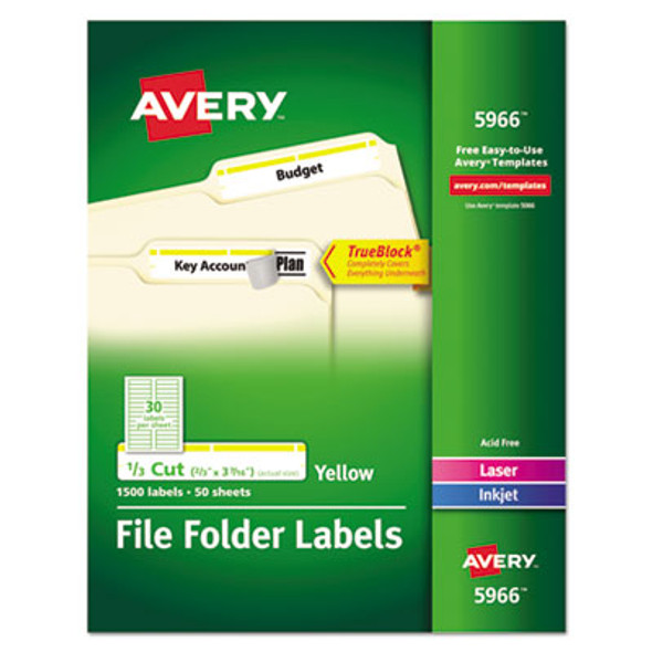 Permanent Trueblock File Folder Labels With Sure Feed Technology, 0.66 x 3.44, Yellow/White, 30/Sheet, 50 Sheets/Box