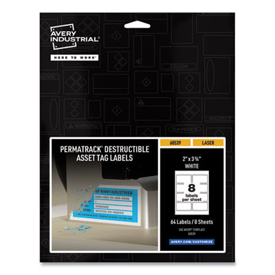 Permatrack Destructible Asset Tag Labels, Laser Printers, 2 X 3.75, White, 8/Sheet, 8 Sheets/Pack