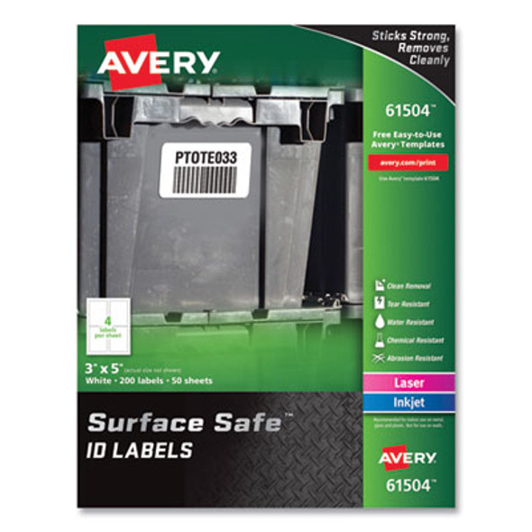 Surface Safe Id Labels, 3 x 5, White, 4/Sheet, 50 Sheets/Box