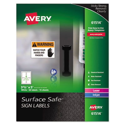 Surface Safe Removable Label Safety Signs, Inkjet/Laser Printers, 3.5 X 5, White, 4/Sheet, 15 Sheets/Pack
