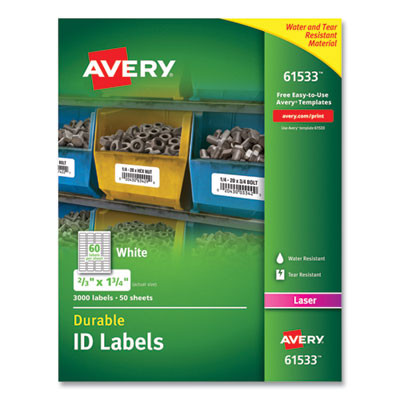 Durable Permanent Id Labels With Trueblock Technology, Laser Printers, 0.66 X 1.75, White, 60/Sheet, 50 Sheets/Pack
