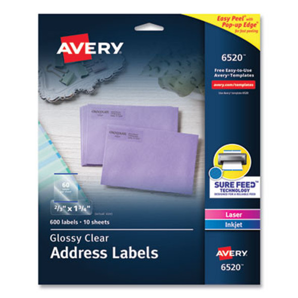Glossy Clear Easy Peel Mailing Labels W/ Sure Feed Technology, Inkjet/Laser Printers, 0.66 X 1.75, 60/Sheet, 10 Sheets/Pk