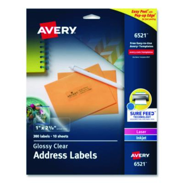 Glossy Clear Easy Peel Mailing Labels W/ Sure Feed Technology, Inkjet/Laser Printers, 1 X 2.63, 30/Sheet, 10 Sheets/Pack