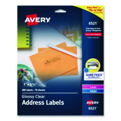 Glossy Clear Easy Peel Mailing Labels W/ Sure Feed Technology, Inkjet/Laser Printers, 1 X 2.63, 30/Sheet, 10 Sheets/Pack