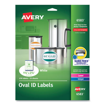 Oval Print-To-The-Edge Labels, 1.5 X 2.5, White, 18/Sheet, 15 Sheets/Pack