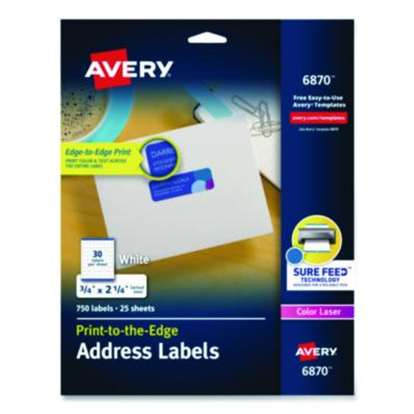 Vibrant Laser Color-Print Labels w/ Sure Feed, 0.75 x 2.25, White, 750/Pk