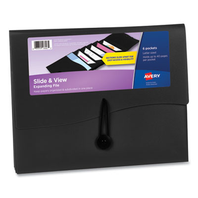 Slide And View Expanding File, 6 Sections, Hook/Loop Closure, Letter Size, Black
