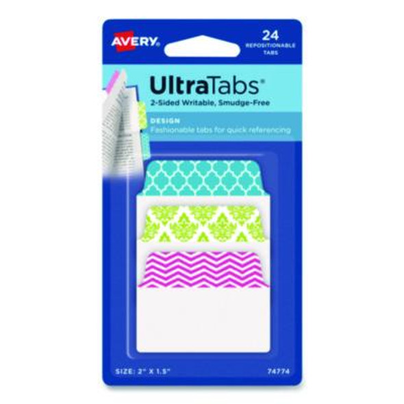 Ultra Tabs Repositionable Tabs, Fashion Patterns: 2" x 1.5", 1/5-Cut, Assorted Colors, 24/Pack