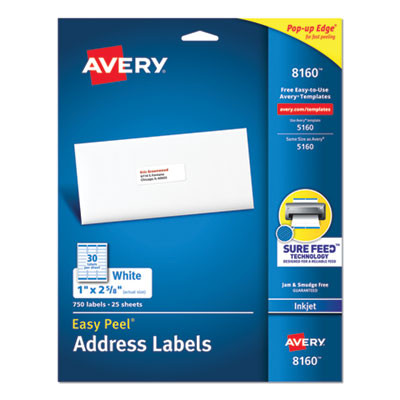 Easy Peel White Address Labels W/ Sure Feed Technology, Inkjet Printers, 1 X 2.63, White, 30/Sheet, 25 Sheets/Pack