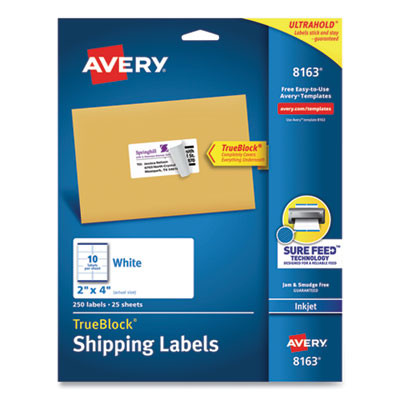 Shipping Labels W/ Trueblock Technology, Inkjet Printers, 2 X 4, White, 10/Sheet, 25 Sheets/Pack