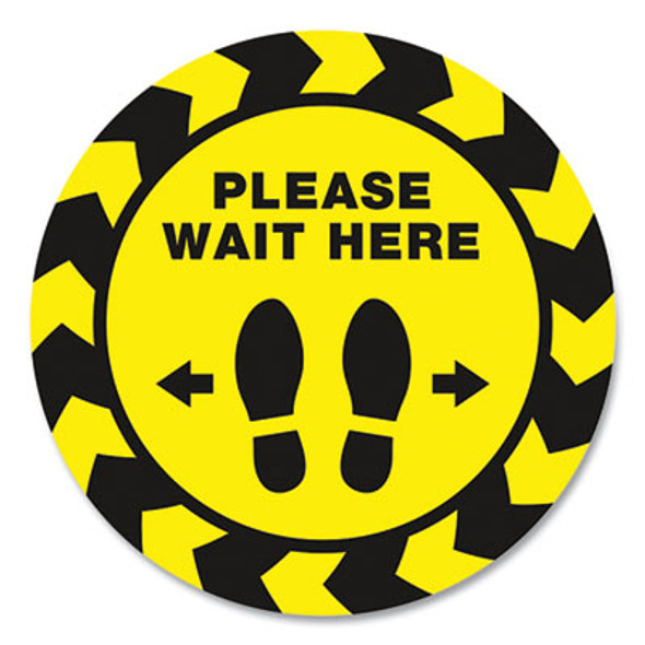 Social Distancing Floor Decals, 10.5" Dia, Please Wait Here, Yellow/Black Face, Black Graphics, 5/Pack