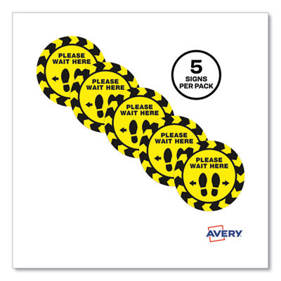 Social Distancing Floor Decals, 10.5" Dia, Please Wait Here, Yellow/Black Face, Black Graphics, 5/Pack