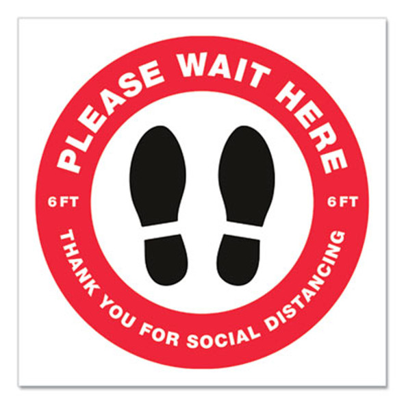 Social Distancing Floor Decals, 10.5" Dia, Please Wait Here, Red/White Face, Black Graphics, 5/Pack