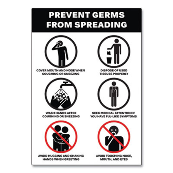Preprinted Surface Safe Wall Decals, 7 X 10, Prevent Germs From Spreading, White/Black Face, Black Graphics, 5/Pack