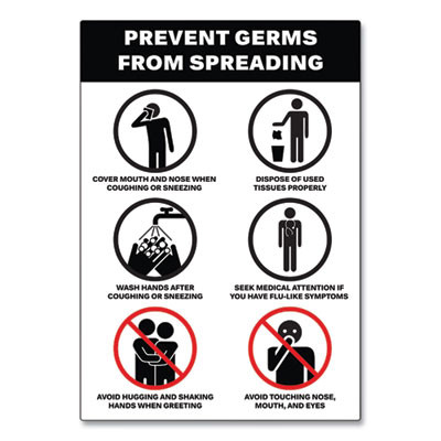 Preprinted Surface Safe Wall Decals, 7 X 10, Prevent Germs From Spreading, White/Black Face, Black Graphics, 5/Pack