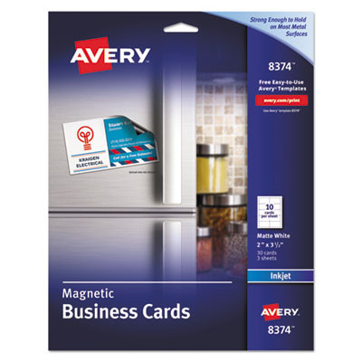 Magnetic Business Cards, Inkjet, 2 x 3.5, White, 10 Cards/Sheet, 3 Sheets/Pack