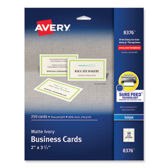 Printable Microperforated Business Cards With Sure Feed Technology, Inkjet, 2 x 3.5, Ivory, 10/Sheet, 25 Sheets/Pack