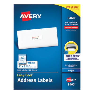 Easy Peel White Address Labels W/ Sure Feed Technology, Inkjet Printers, 1 X 2.63, White, 30/Sheet, 100 Sheets/Box