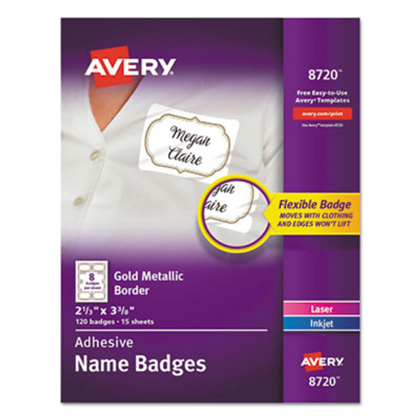 Flexible Adhesive Name Badge Labels, 3 3/8 X 2 1/3, White/Gold Border, 120/Pk