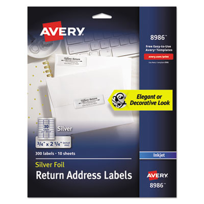 Foil Mailing Labels, Inkjet Printers, 0.75 X 2.25, Silver, 30/Sheet, 10 Sheets/Pack