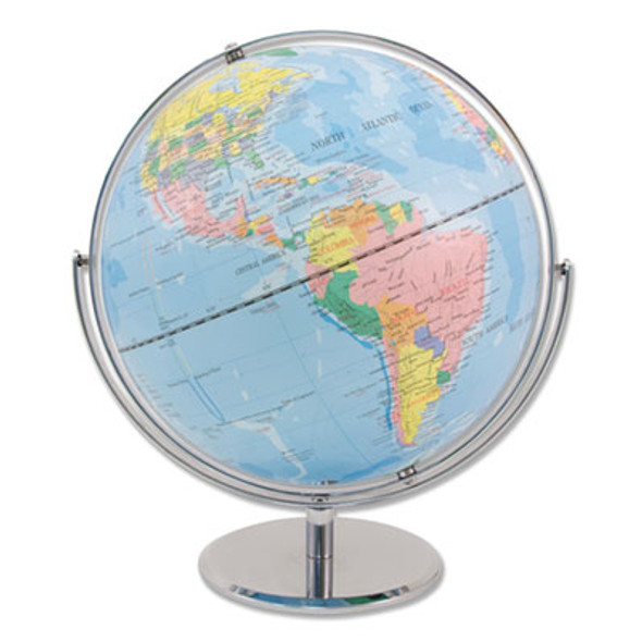 12-Inch Globe With Blue Oceans, Silver-Toned Metal Desktop Base, Full-Meridian