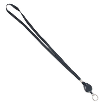 Lanyards With Retractable Id Reels, Metal Split Ring Fastener, 34" Long, Black, 12/Pack