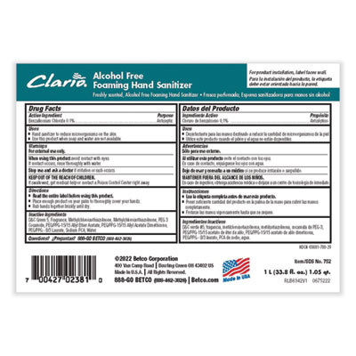 Clario Alcohol Free Foaming Hand Sanitizer, 1,000 Ml Bag, Fresh Scent, 6/Carton