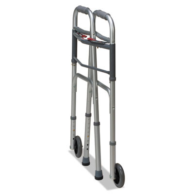 Two-Button Release Folding Walker With Wheels, Adjusts 32" To 38", 250 Lb Capacity, Silver/Gray
