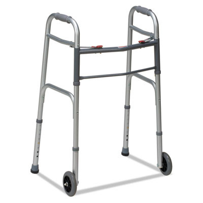 Two-Button Release Folding Walker With Wheels, Adjusts 32" To 38", 250 Lbs Capacity, Silver/Gray
