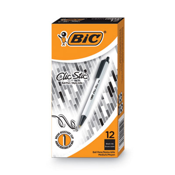 Clic Stic Ballpoint Pen, Retractable, Medium 1 Mm, Black Ink, White Barrel, Dozen